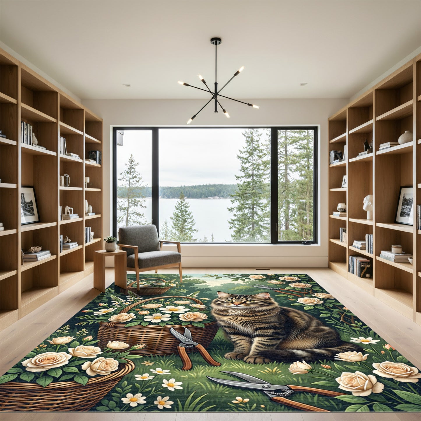Whimsical Tabby Cat Cream Rose Garden Rug