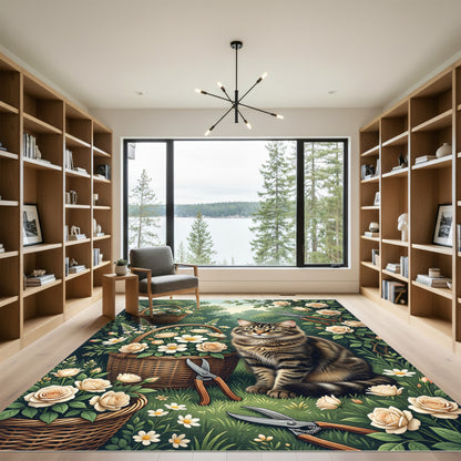 Whimsical Tabby Cat Cream Rose Garden Rug