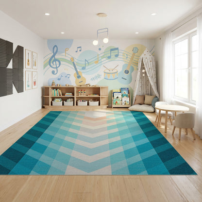 Modern Teal Chevron Gradient Rug