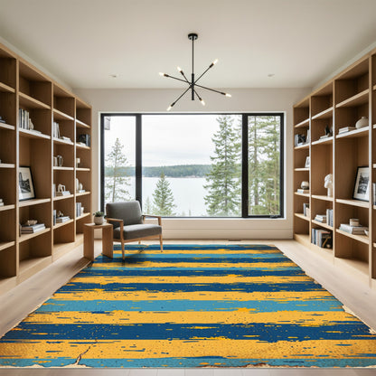 Distressed Golden Yellow Dark Blue Striped Rug