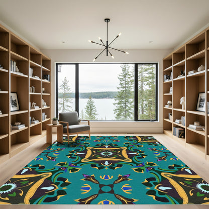 Teal Gold Crimson Floral Medallion Rug