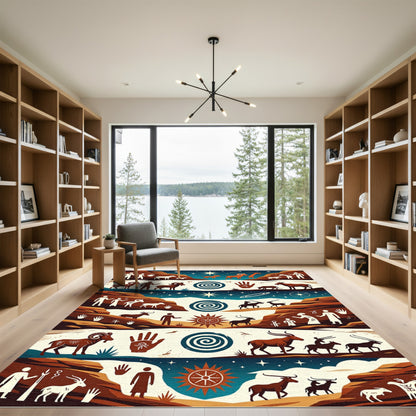 Earthy Celestial Ancient Petroglyph Tapestry Rug