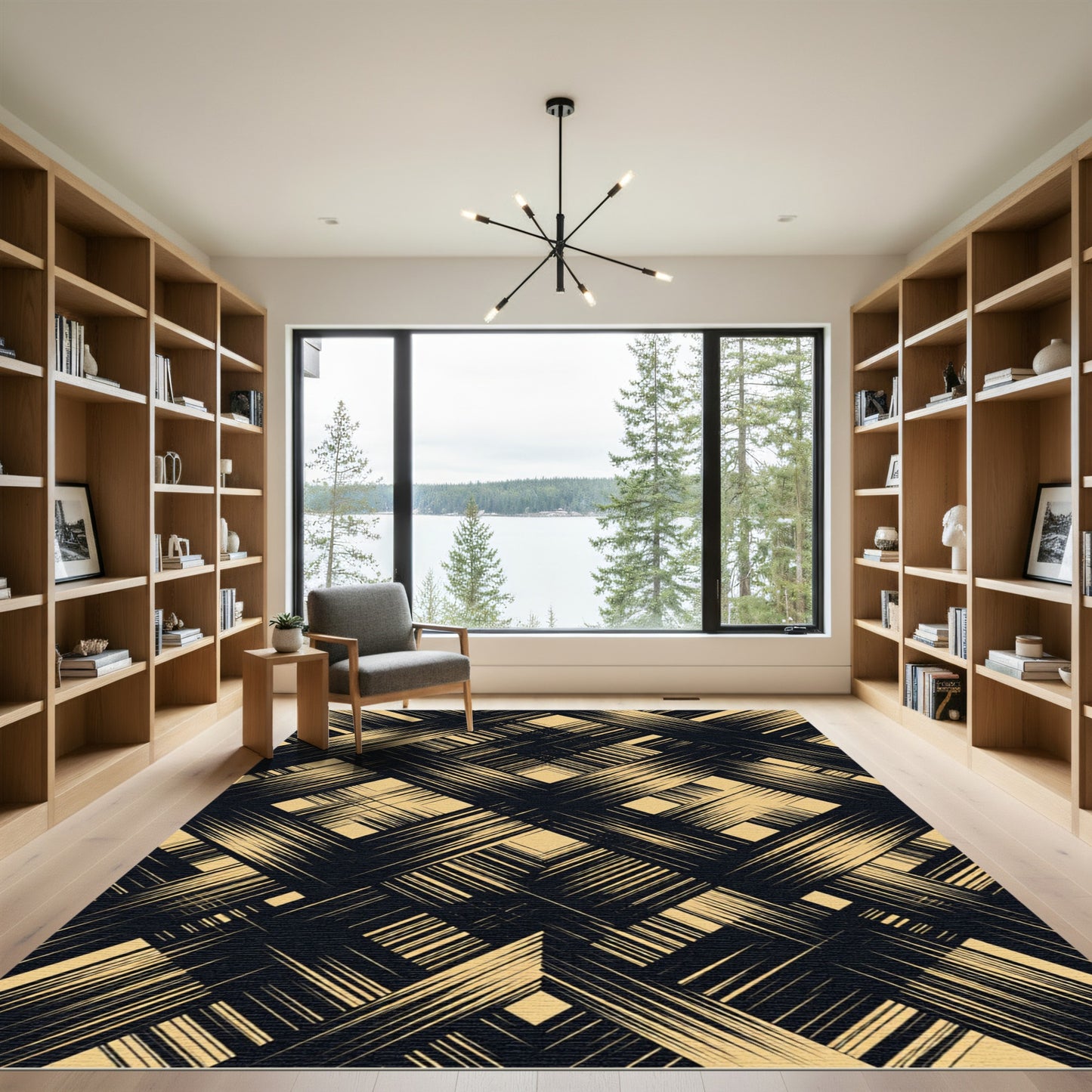 Black and Beige Abstract Geometric Grid Rug