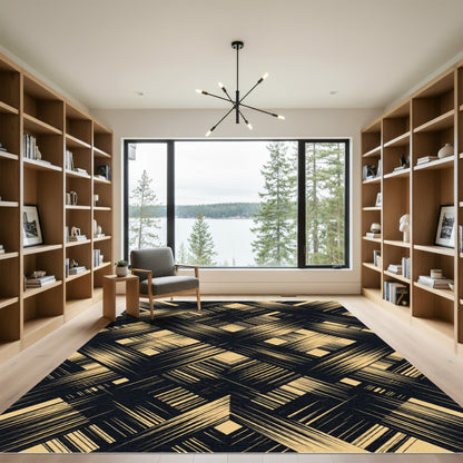 Black and Beige Abstract Geometric Grid Rug