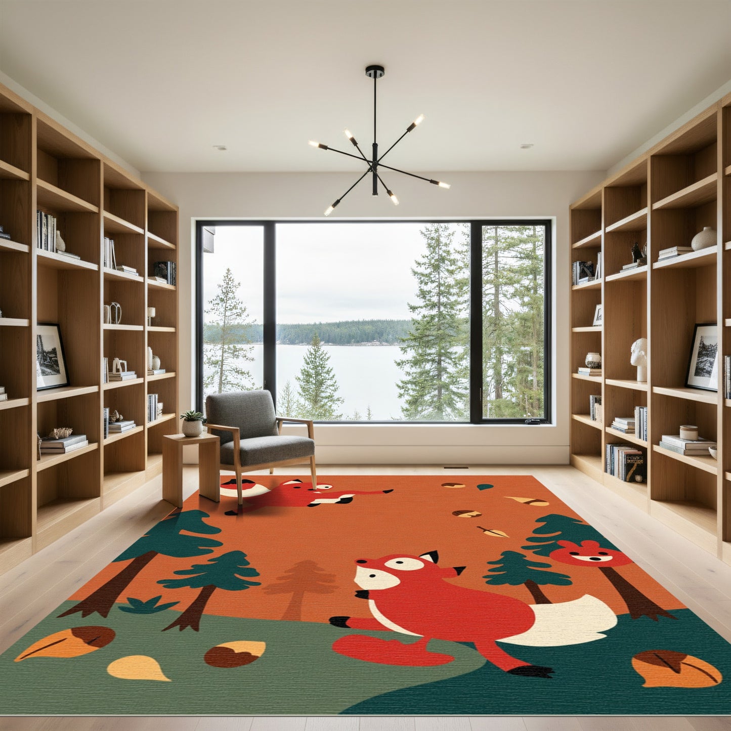 Whimsical Red Foxes Forest Falling Leaves Rug