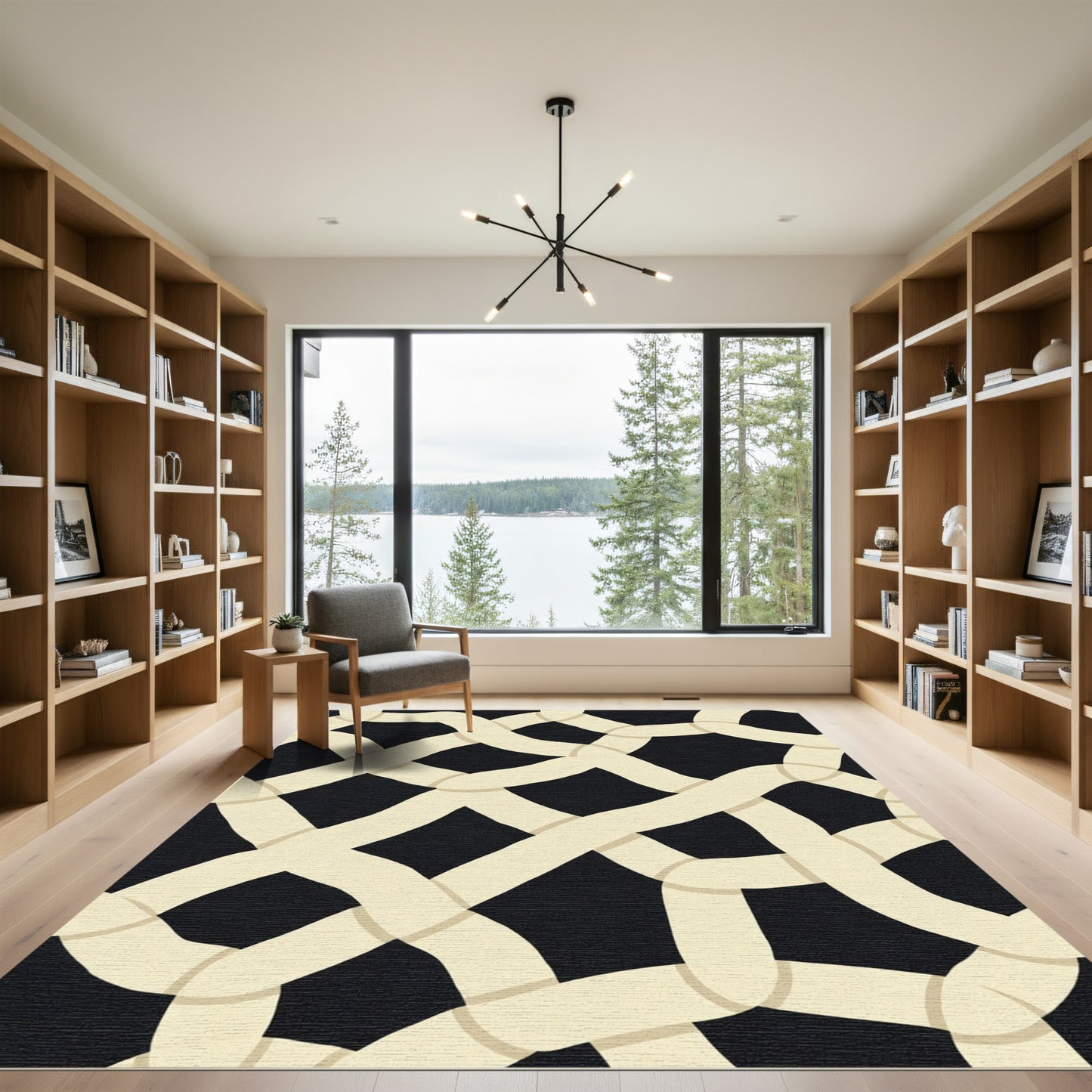Cream Intertwine Lattice Black Rug