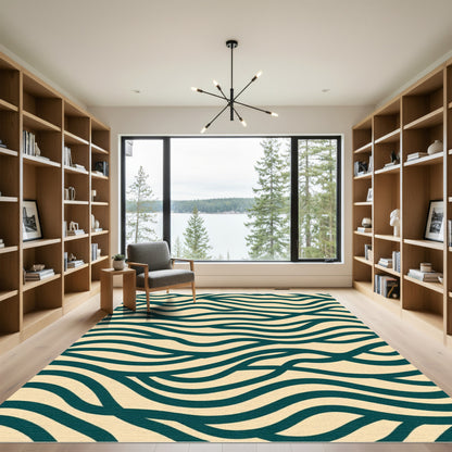 Teal Wave Pattern On Cream Background Rug
