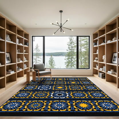 Navy Blue Yellow Geometric Starburst Rug