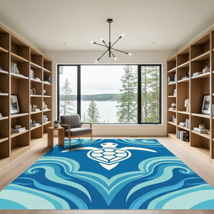 White Sea Turtle Blue Wave Art Rug
