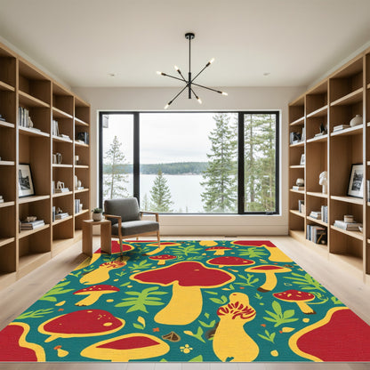 Red Yellow Mushroom Forest Pattern Rug