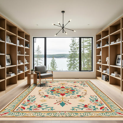 Rich Red Teal Floral Medallion Rug