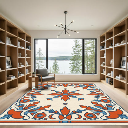 Crimson Blue Floral Scroll Border Rug