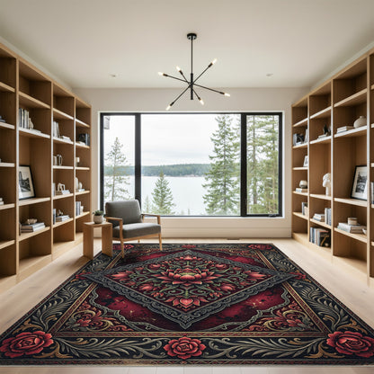 Ornate Crimson Lotus Diamond Medallion Rug