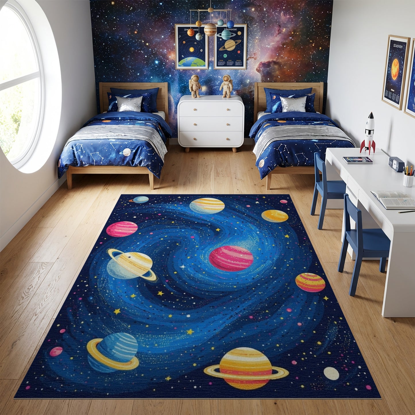 Vibrant Cosmic Swirl Planets Rug