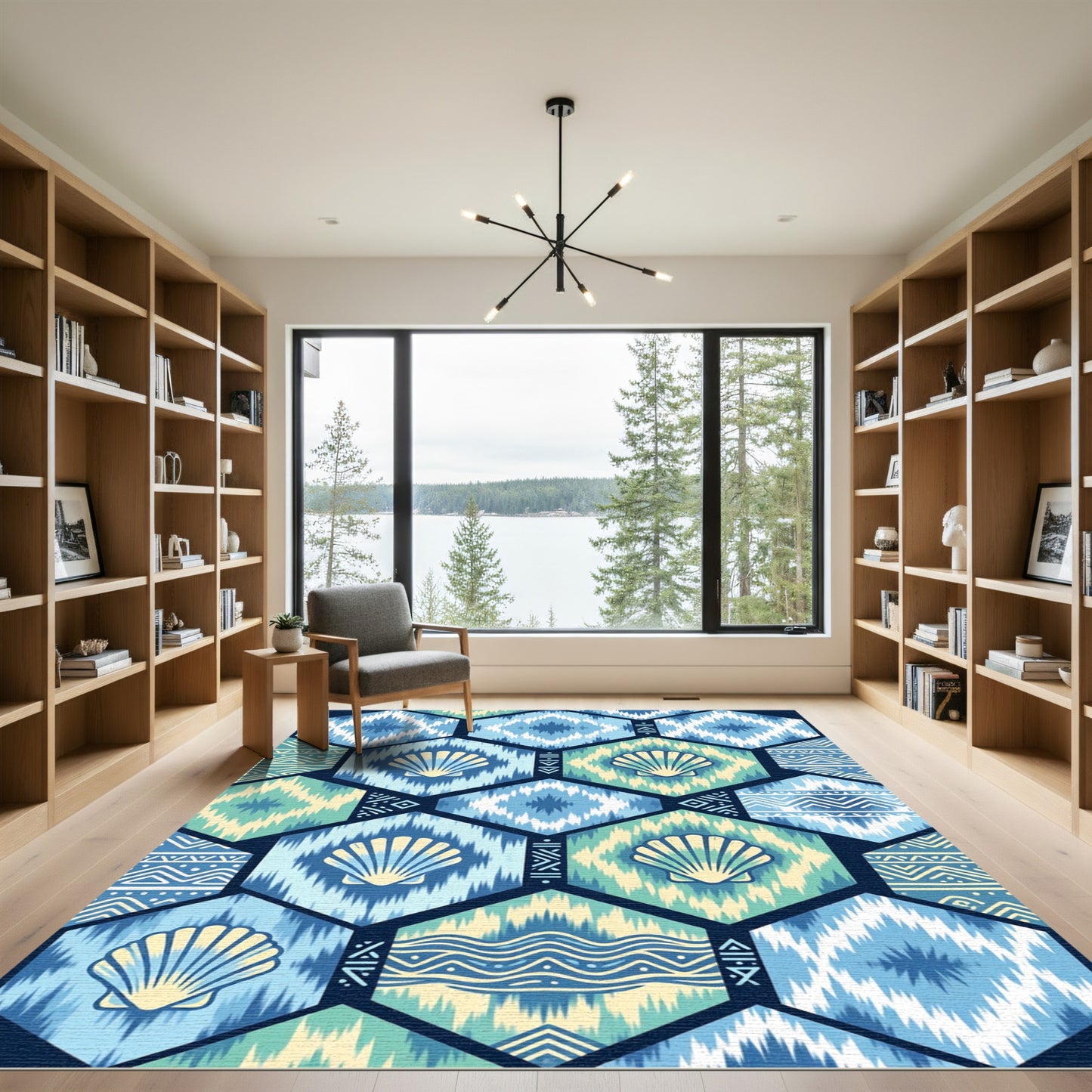 Coastal Blue Shell Geometric Hexagon Rug