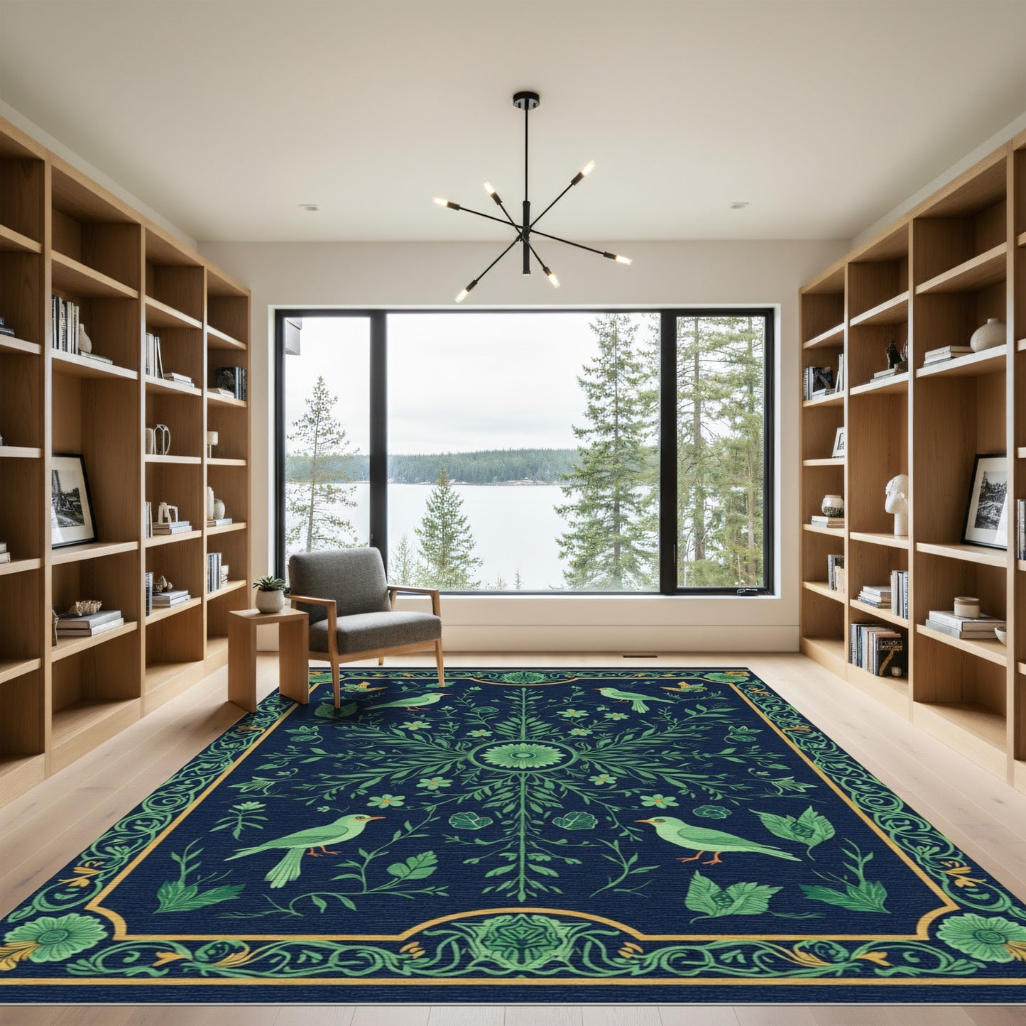 Green Birds In Verdant Floral Border Rug