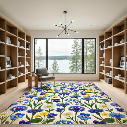 Blue Cornflower Meadow Floral Collage Rug
