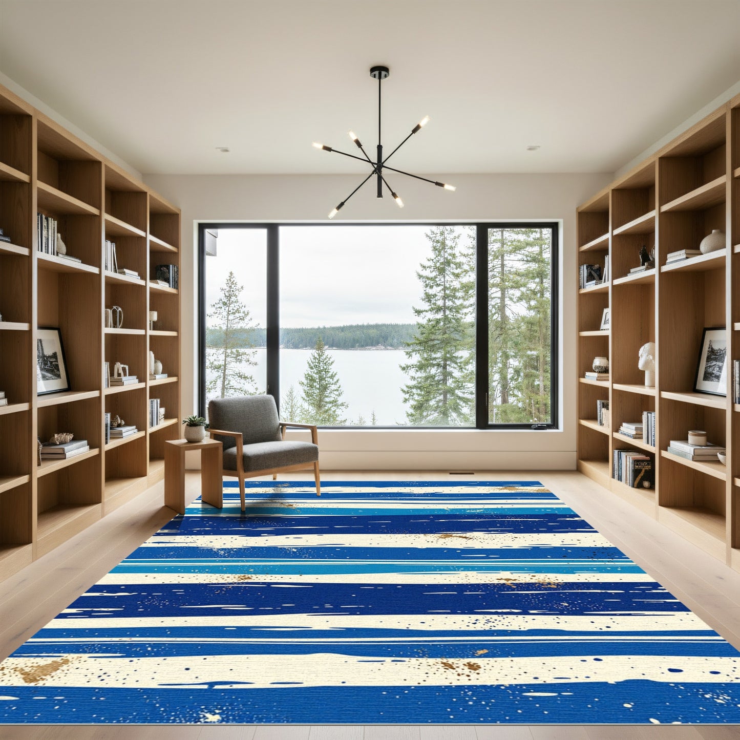 Golden Speckled Navy Blue Linear Stripes Rug