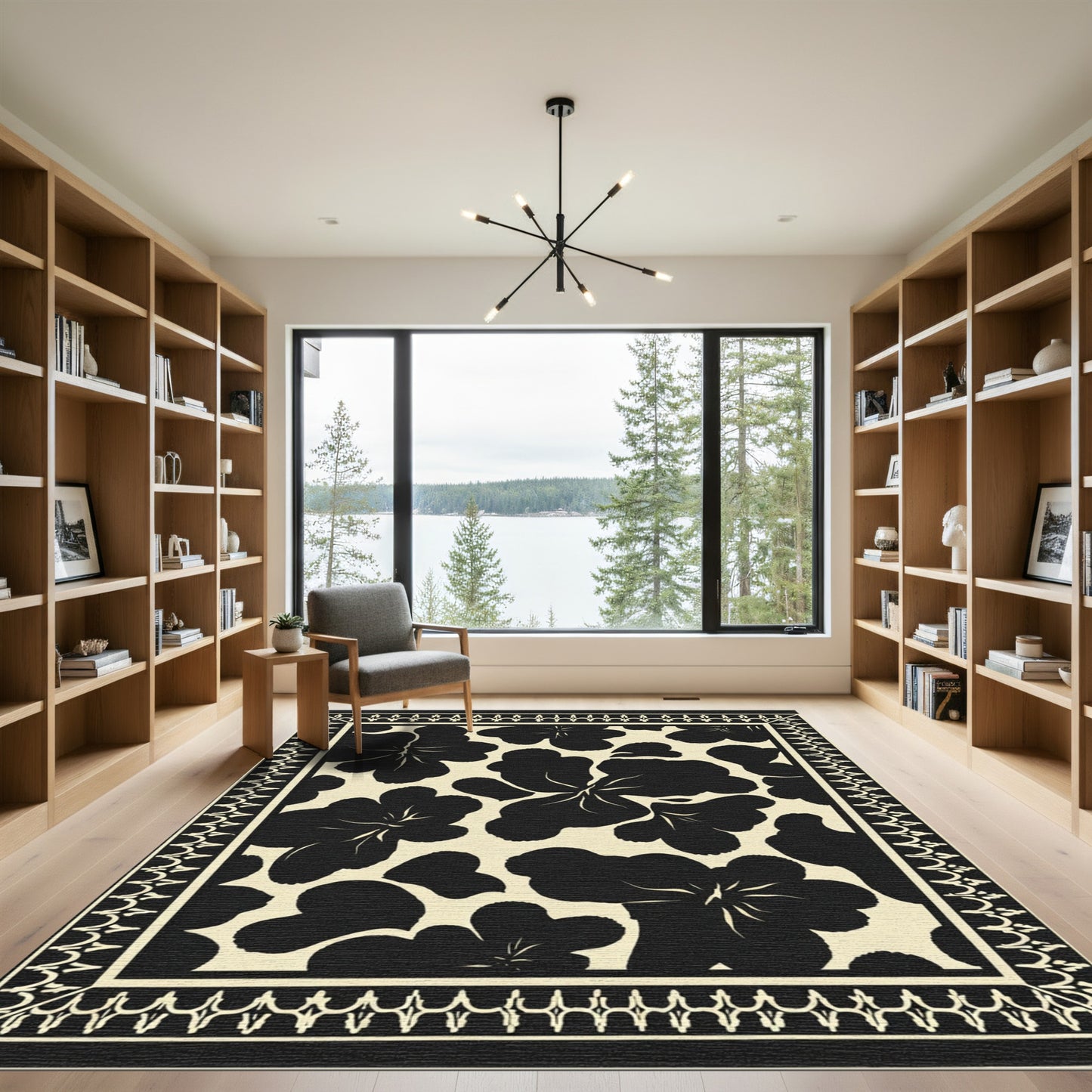 Bold Black Floral Border Rug