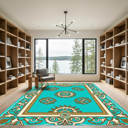 Turquoise Floral Medallion Scrollwork Border Rug