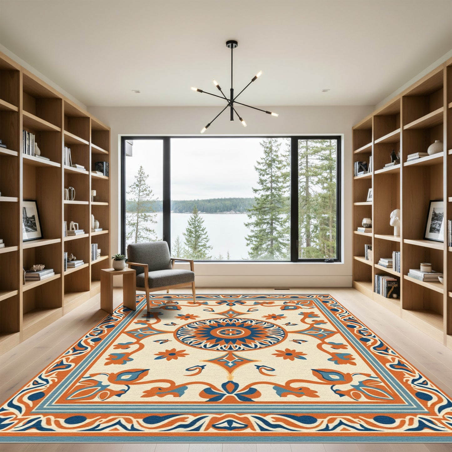 Orange Blue Cream Floral Medallion Rug