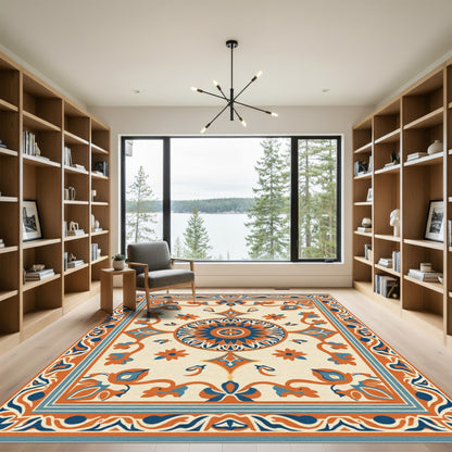 Orange Blue Cream Floral Medallion Rug