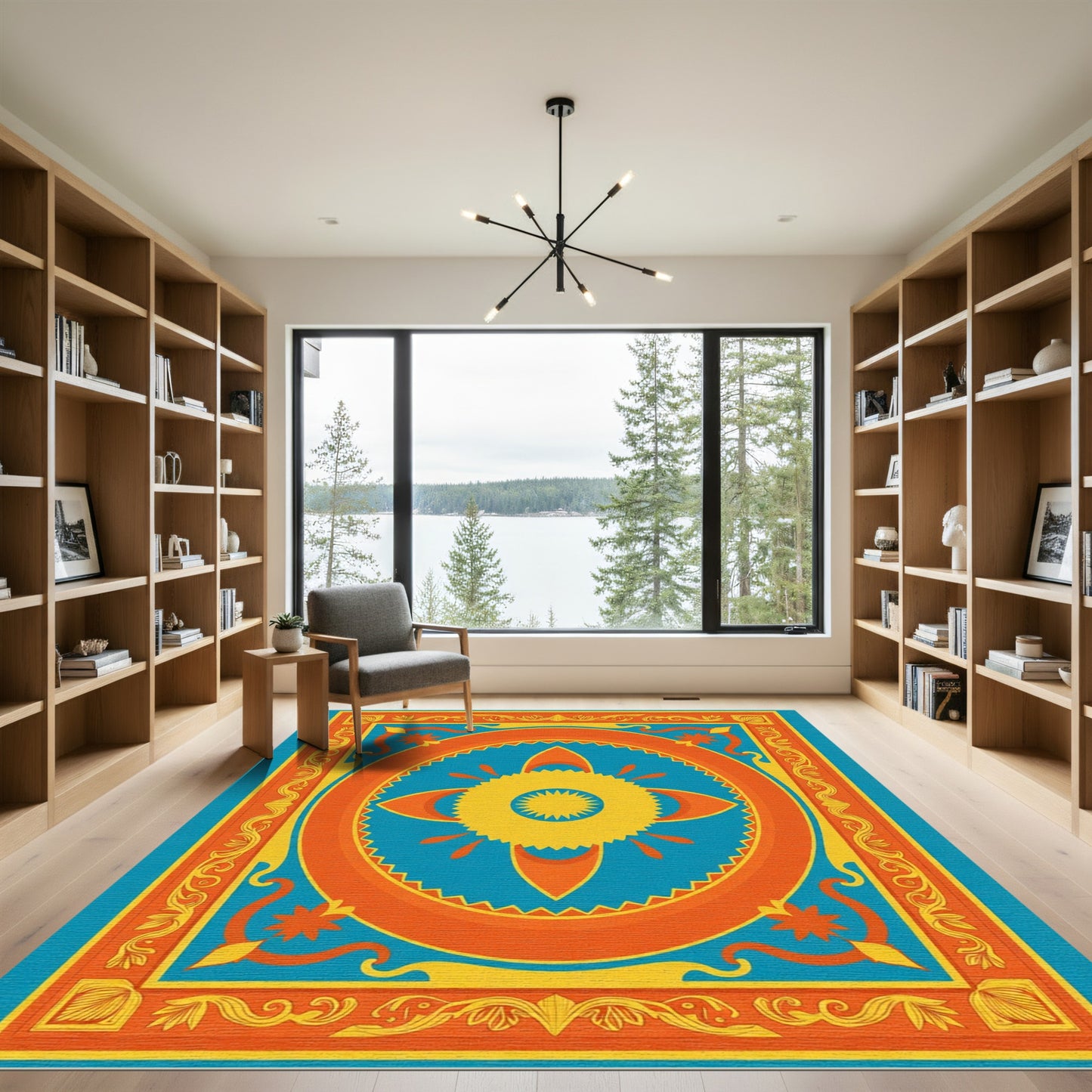 Vibrant Orange Yellow Sunburst Medallion Rug