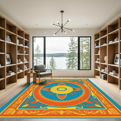 Vibrant Orange Yellow Sunburst Medallion Rug