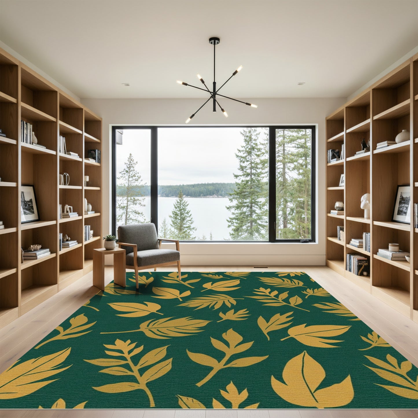 Golden Foliage on Deep Emerald Canvas Rug