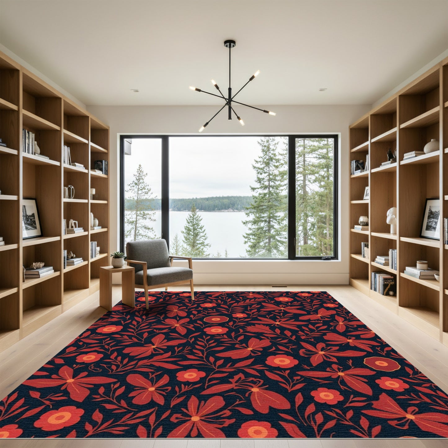 Crimson Floral Vines Dark Background Rug