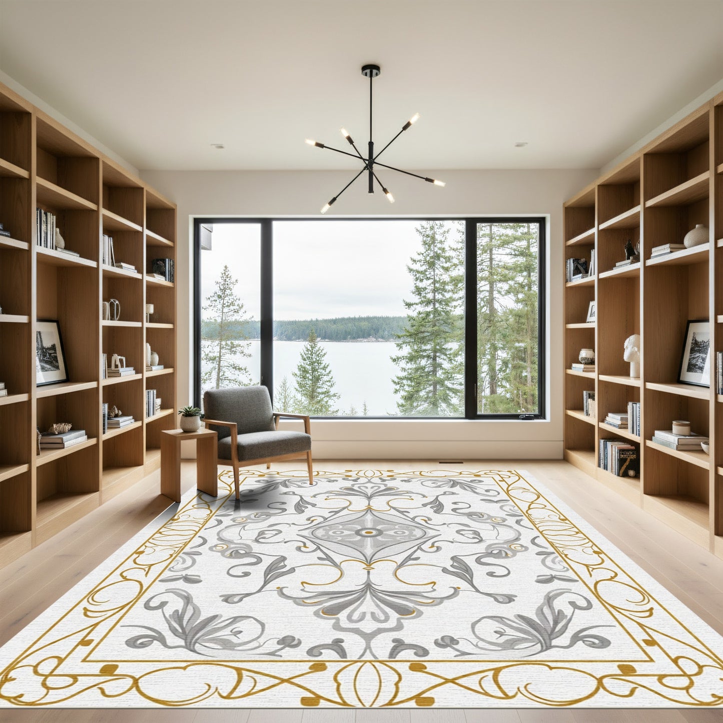 Elegant Gold Leaf Gray Scroll Rug