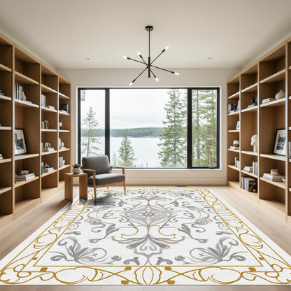 Elegant Gold Leaf Gray Scroll Rug