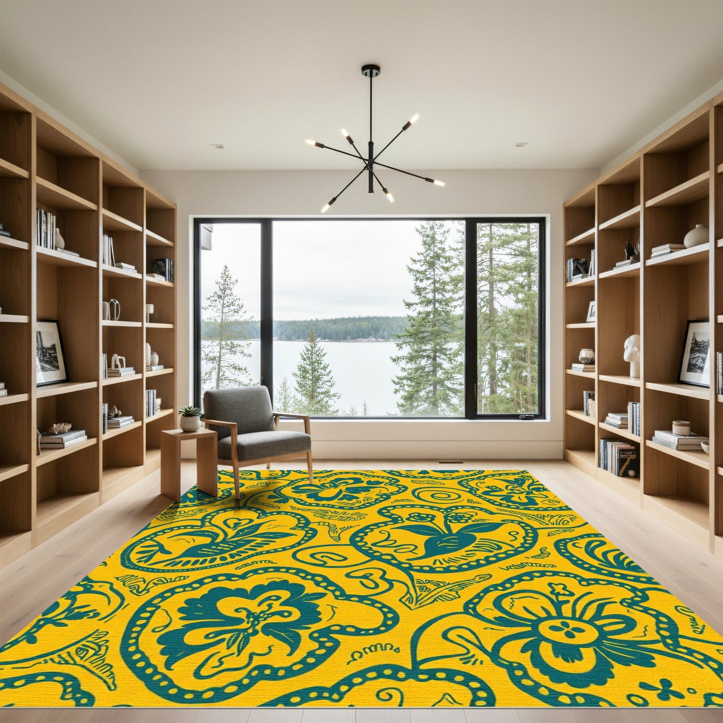 Teal Floral Medallion Yellow Background Rug