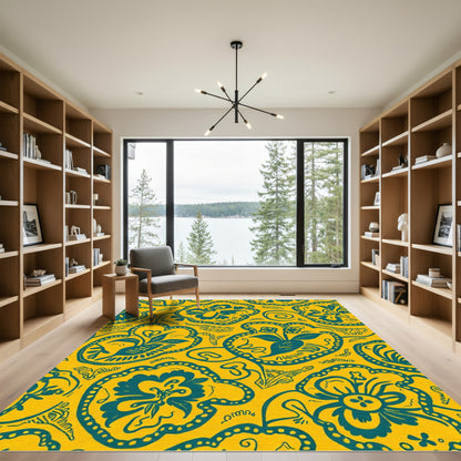 Teal Floral Medallion Yellow Background Rug