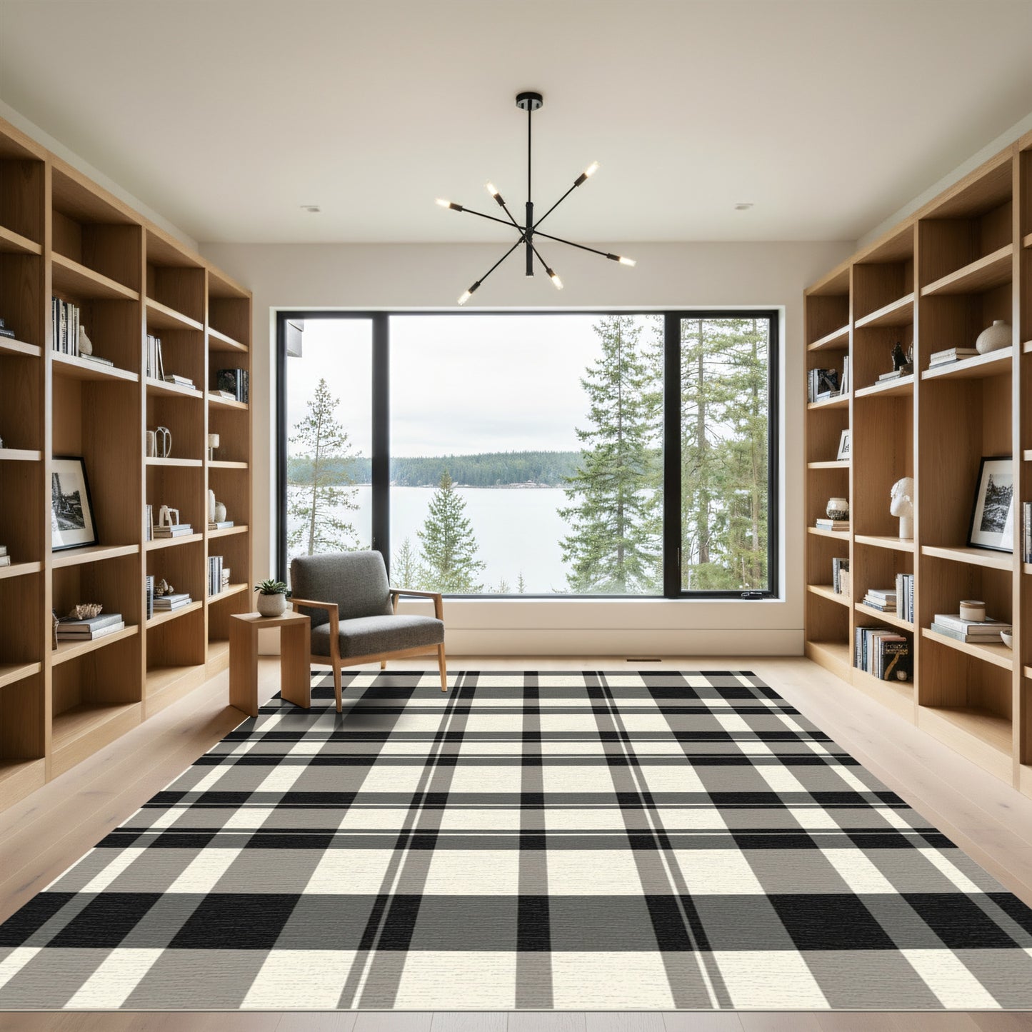 Classic Black White Beige Plaid Rug
