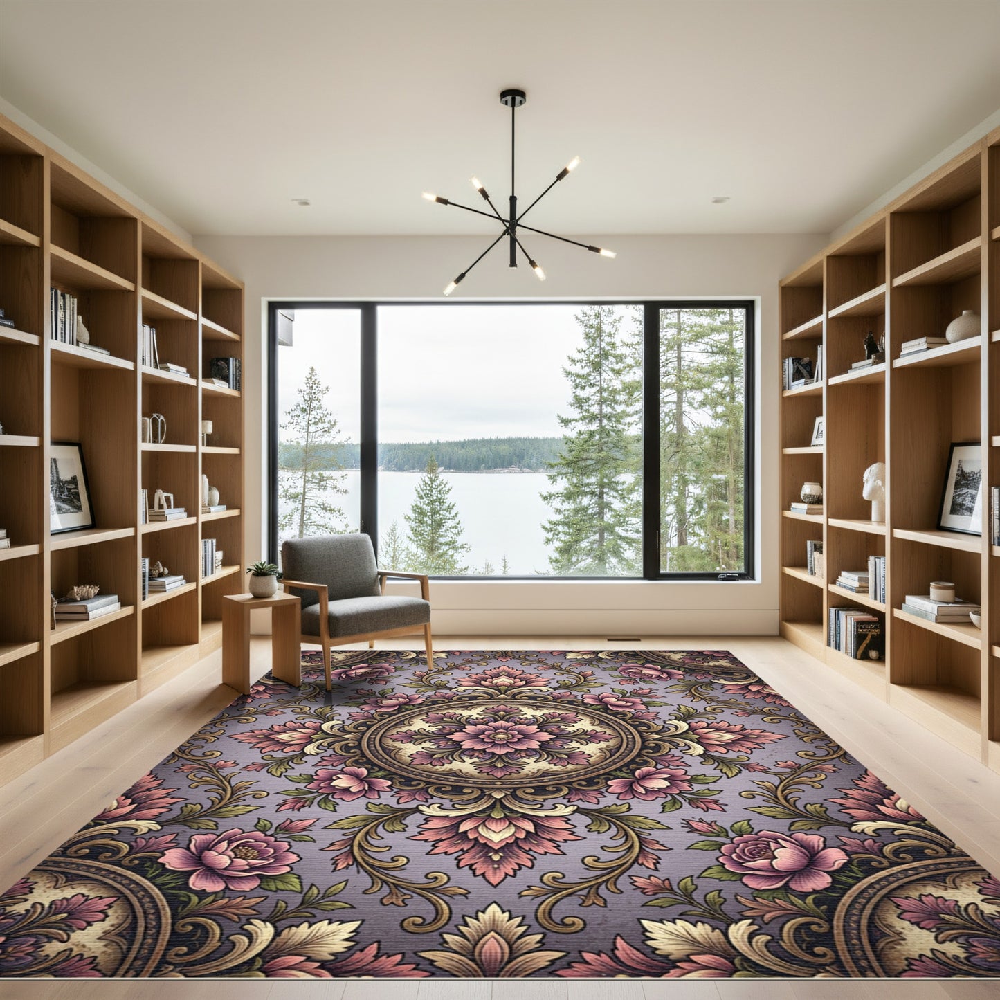 Vintage Mauve Floral Medallion Scroll Rug
