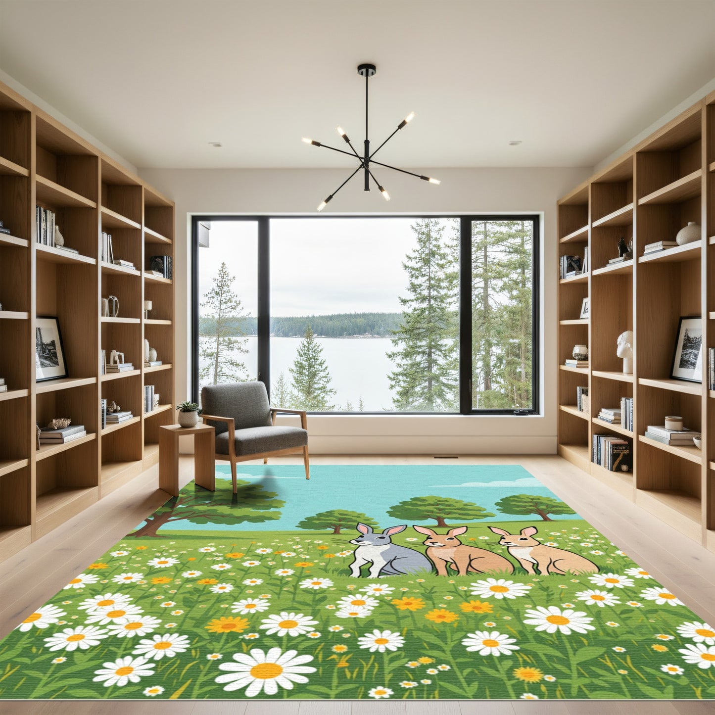 Spring Meadow Bunnies Daisy Field Rug