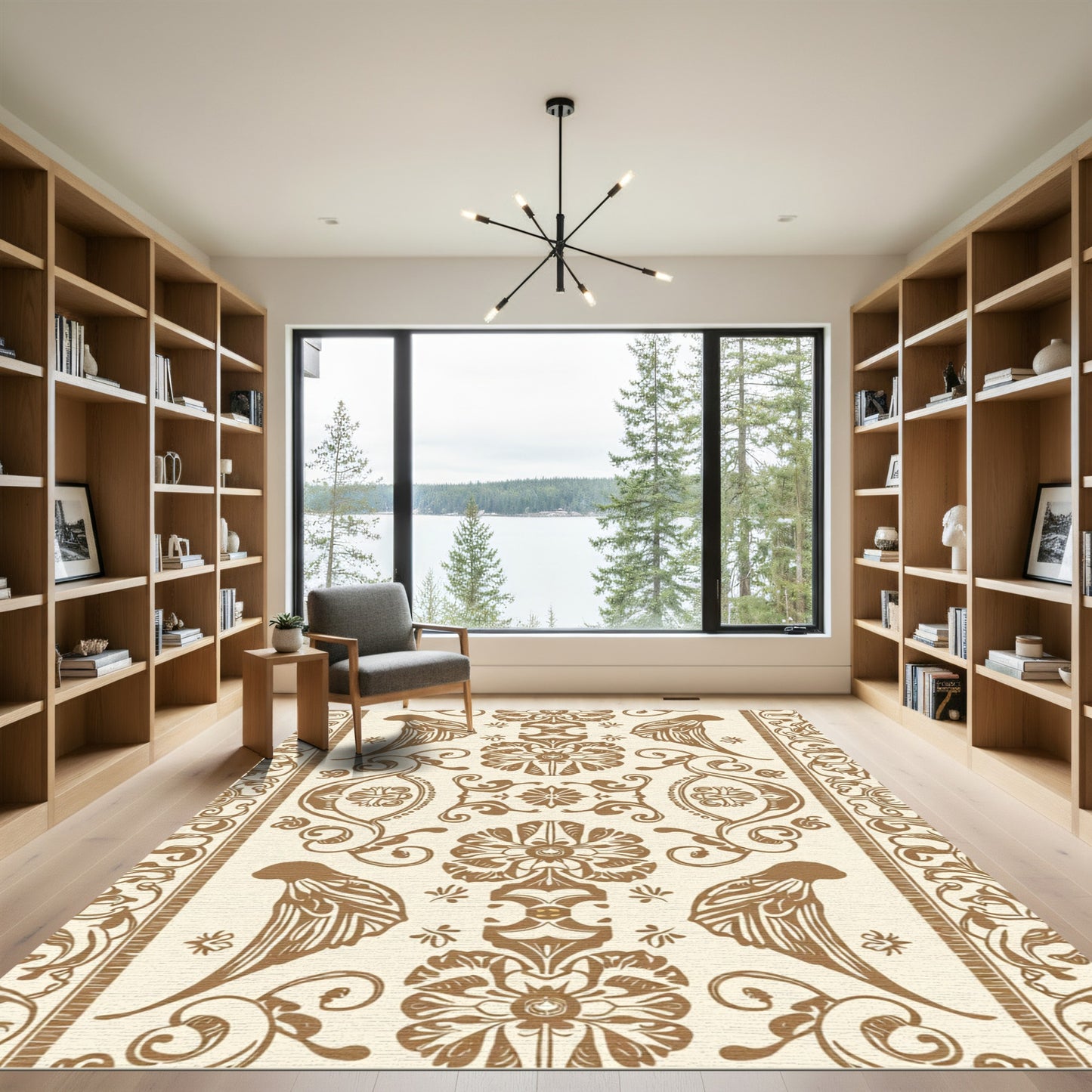 Brown Bird Floral Damask Scrolling Rug