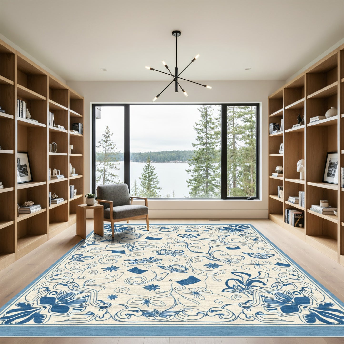 Blue and Ivory Floral Scrolling Vines Area Rug