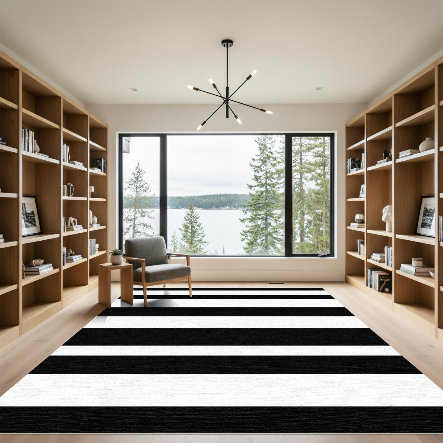 Crisp Black White Parallel Bands Rug