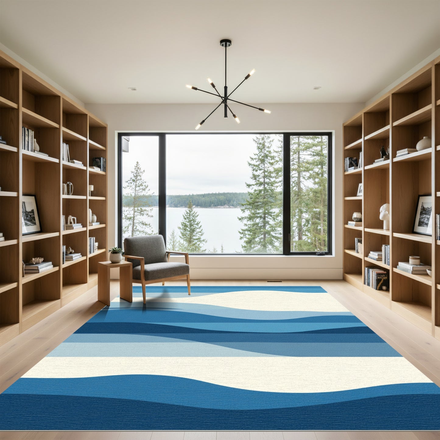 Serene Blue Abstract Wave Landscape Rug