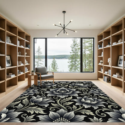 Elaborate Floral Scrollwork Monochrome Rug