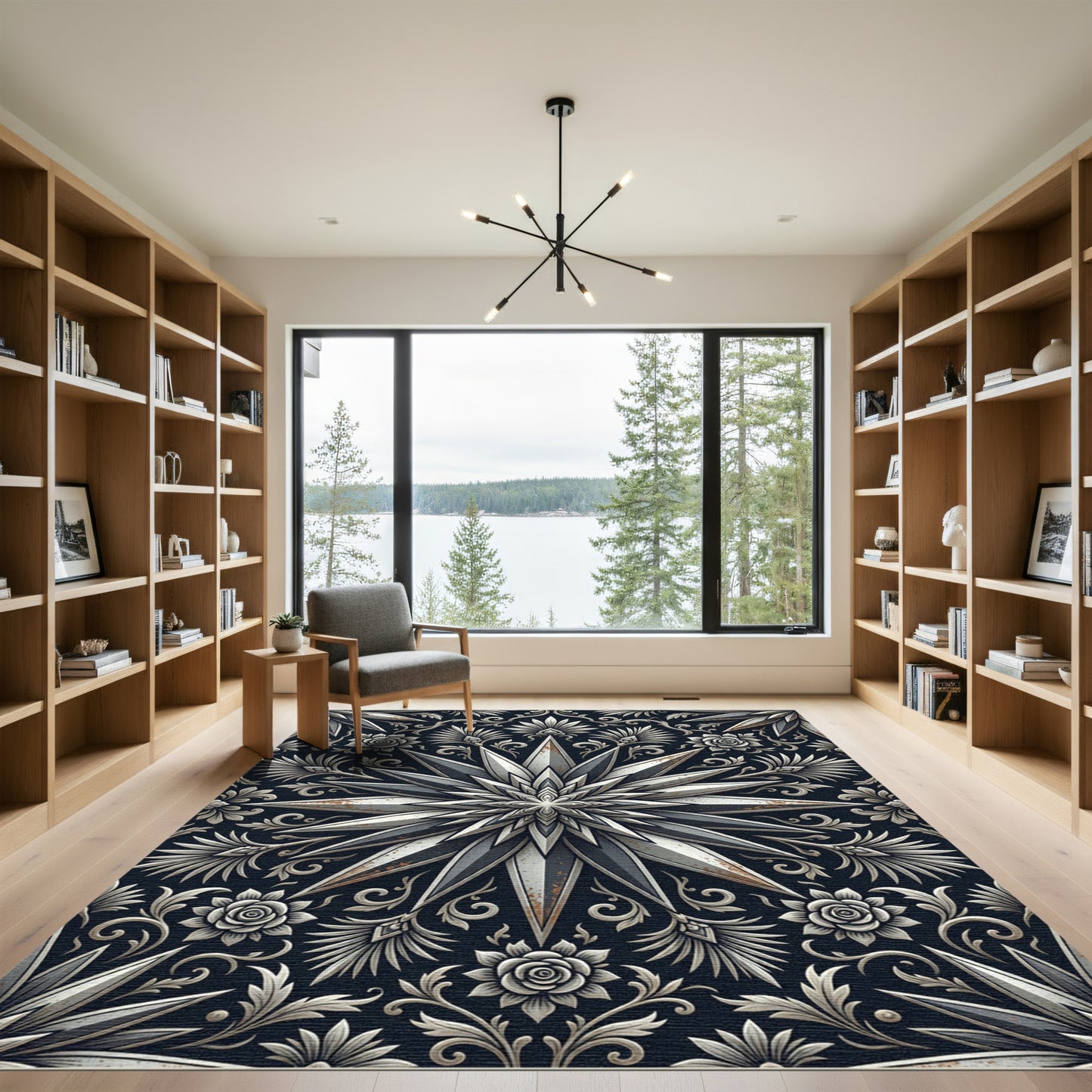 Metallic Silver Starburst Botanical Floral Rug