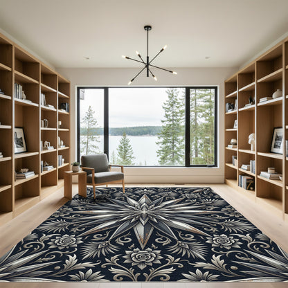 Metallic Silver Starburst Botanical Floral Rug