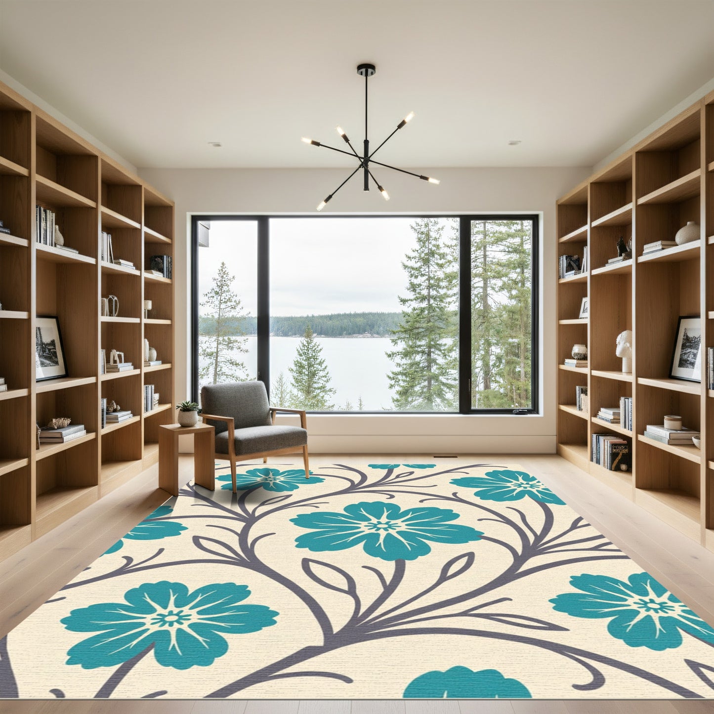 Teal Floral Vine Cream Background Rug