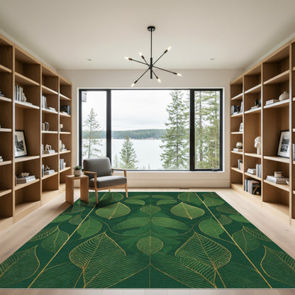 Emerald Gold Leaf Botanical Arrangement Rug