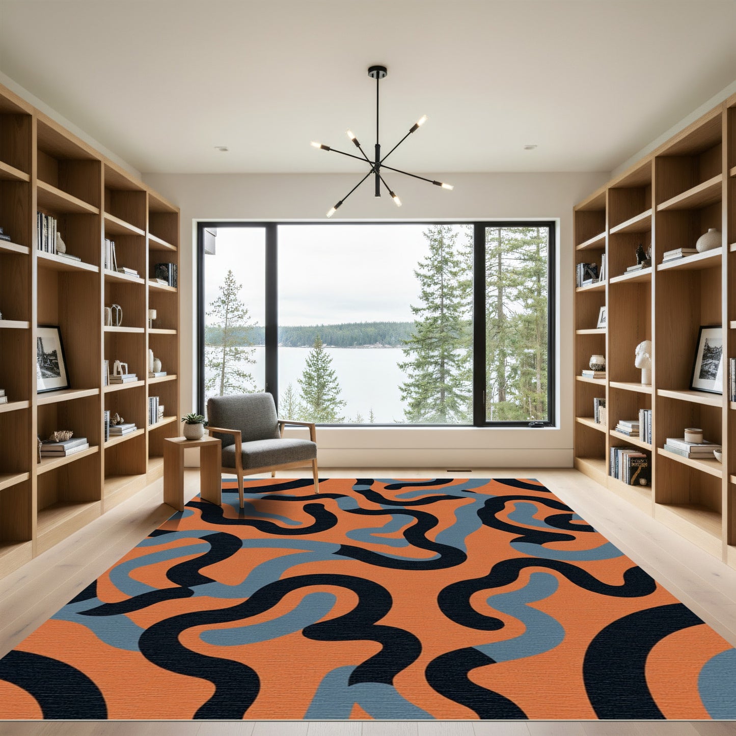 Terracotta Blue Black Wavy Flow Rug