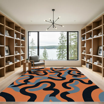 Terracotta Blue Black Wavy Flow Rug