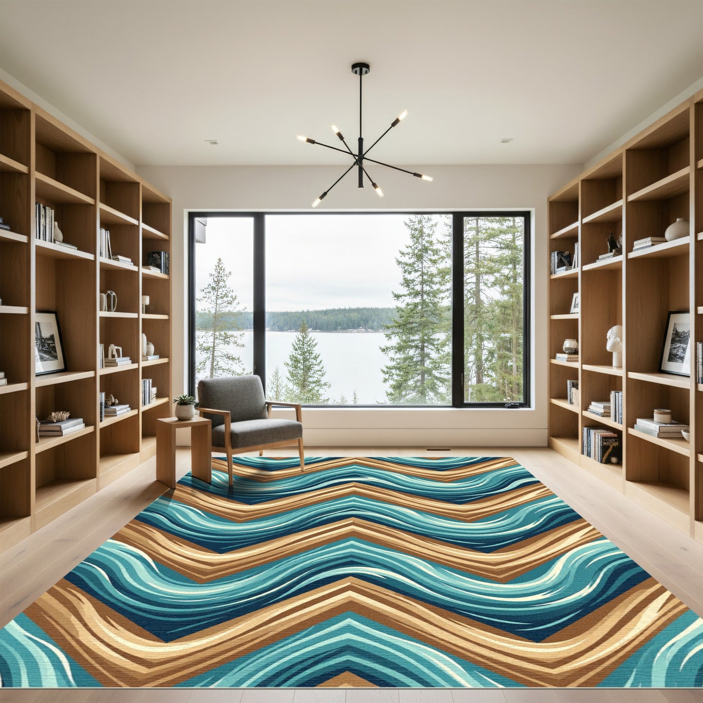 Modern Teal and Tan Chevron Wave Rug