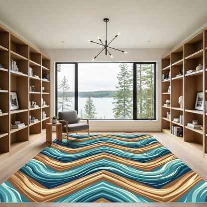 Modern Teal and Tan Chevron Wave Rug
